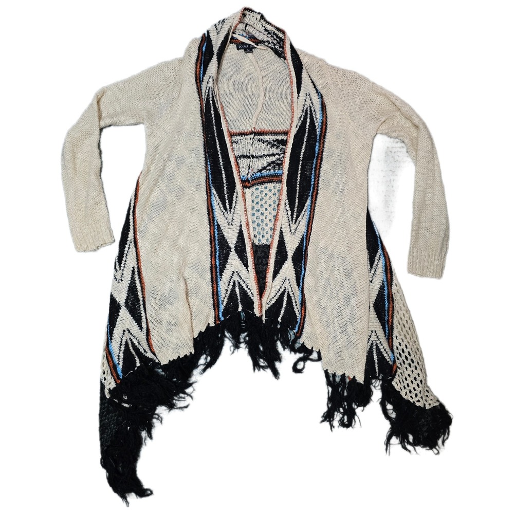 Double Zero Cream Fringe Open Knit Aztec Cardigan Boho Women's Medium (K)‎